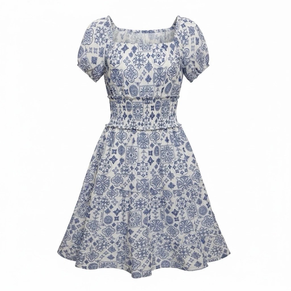 Trixxi Blue Floral Square-Neck Smocked-Waist Dress